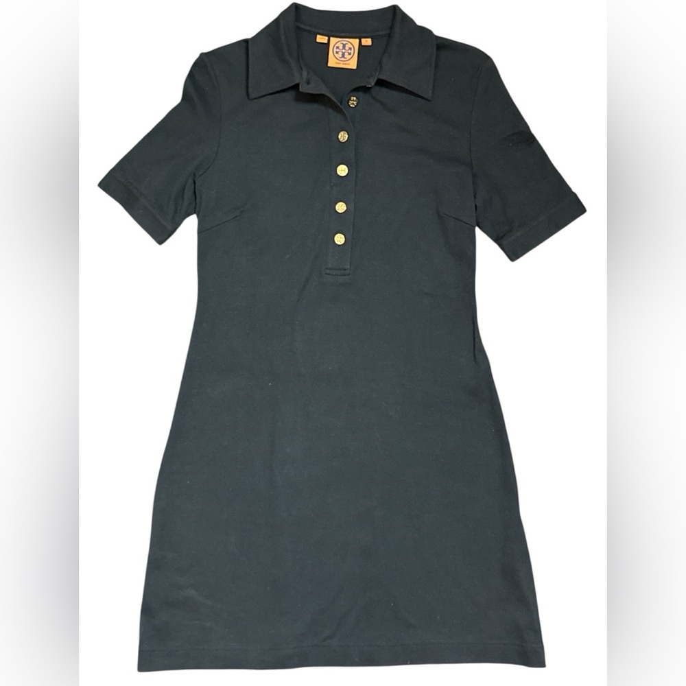 Tory Burch Black Polo 100% Cotton Gold Button-Up Dress Short Sleeve Womens Small